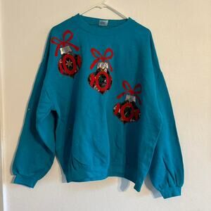 Vintage homemade Christmas bow ornament teal blue crewneck sweatshirt men's XL